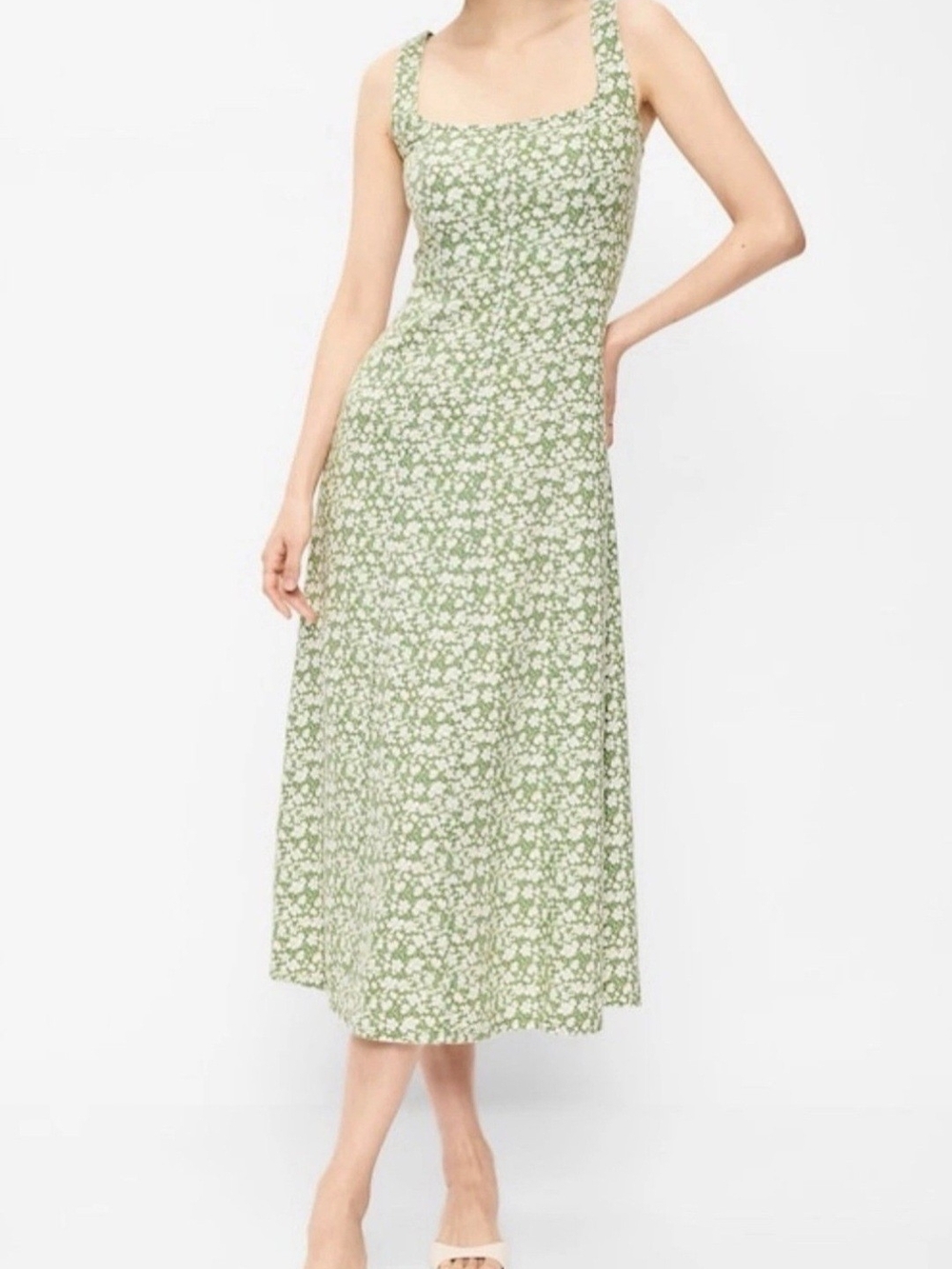 Green Floral Square-Neck Midi Dress XL